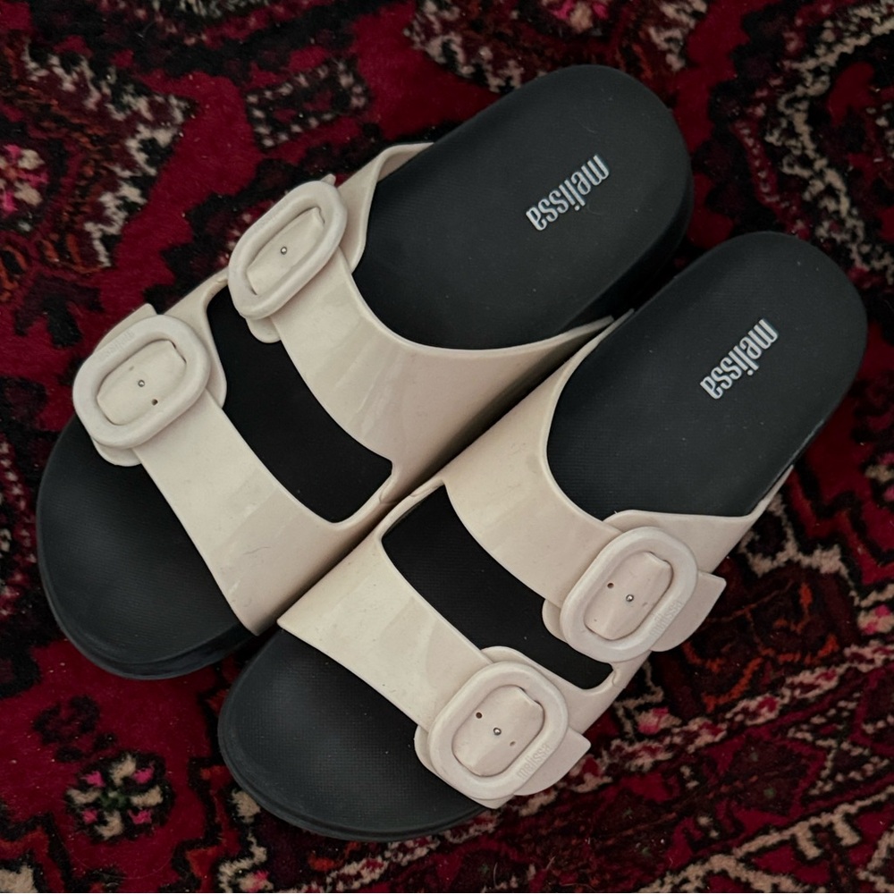 Melissa Cream and Black Double-Strap Sandals